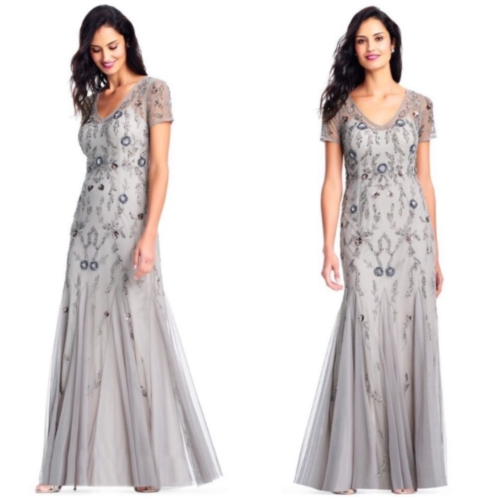 Adrianna Papell beaded short sleeves V- neck long gown